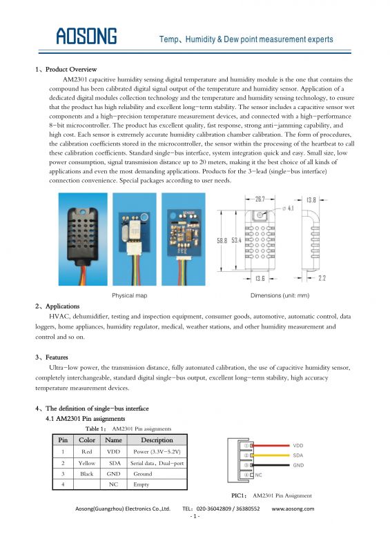 AM2301 Sensor Documentation AM2301 temperature and humidity sensor specification
