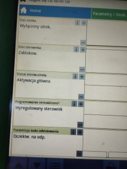 Interfejs diagnostyczny samochodu Peugeot 308, pokazujący stan silnika jako wyłączony i zablokowany.
