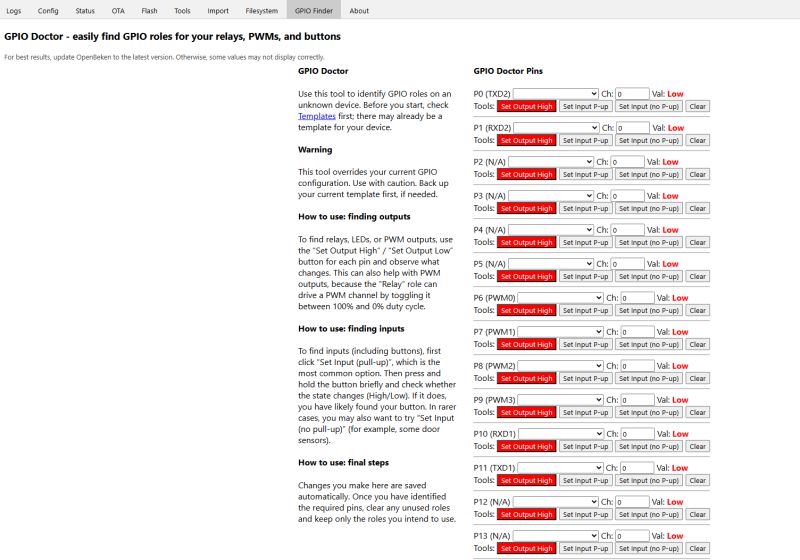 GPIO Doctor interface showing pin list with controls for input/output settings
