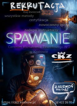Reklama kursu spawania w CKZ Kraków z wizerunkiem spawacza przy pracy.