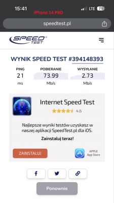 Wynik testu prędkości na iPhone 14 PRO z pobieraniem 73,99 Mb/s i wysyłaniem 2,73 Mb/s.