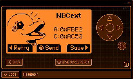 Flipper Zero device screen displaying IR NECext codes.