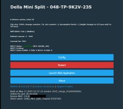 Device control panel screen for Della Mini Split with status details and configuration buttons.