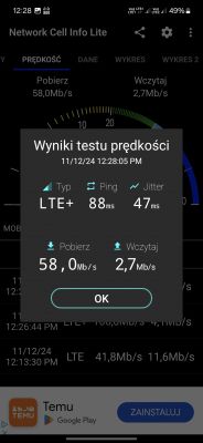 Wyniki testu prędkości w aplikacji Network Cell Info Lite pokazujące prędkość pobierania 58,0 Mb/s i prędkość wysyłania 2,7 Mb/s.