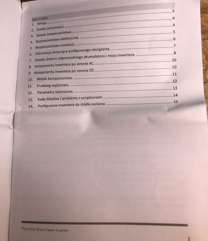 Zdjęcie strony z instrukcji obsługi, przedstawiające spis treści dla przetwornicy samochodowej.