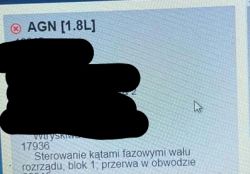 Zrzut ekranu z komunikatem diagnostycznym dotyczącym silnika AGN 1.8L.