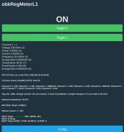 User interface of obkRegMeterL1 displaying measurement data and Toggle buttons.