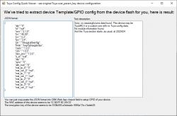 Screenshot from Tuya Config Quick Viewer showing GPIO configuration in JSON format.