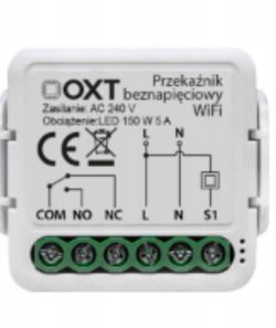 Moduł WiFi OXT z widocznymi oznaczeniami zacisków i schematem podłączenia