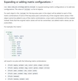 The image shows a technical documentation section on expanding or adding matrix configurations in CI/CD, including a YAML code example.