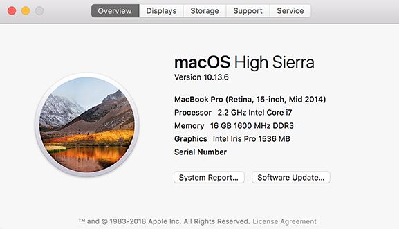 Ekran systemu macOS High Sierra z informacjami o MacBooku Pro z 2014 roku