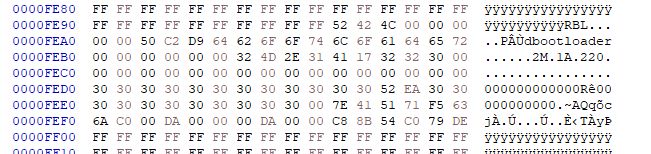 Hex editor screenshot showing binary data with the text bootloader