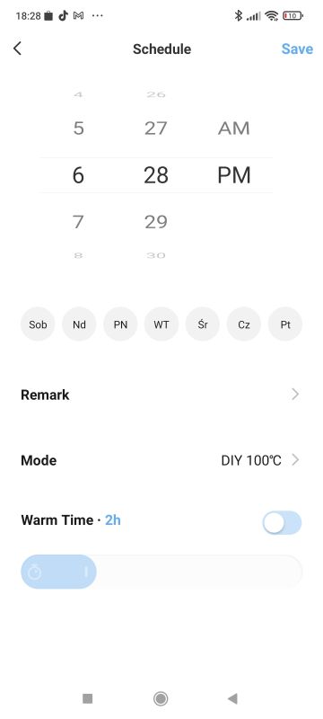 Kettle SMART06B app screen with scheduled time and temperature settings visible