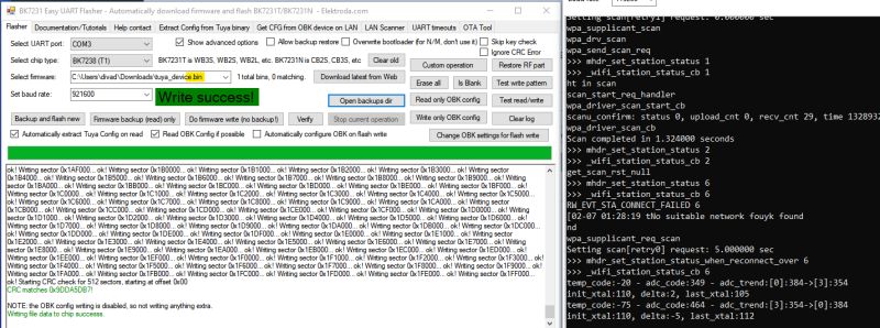 BK7231 Easy UART Flasher software with successful firmware write log