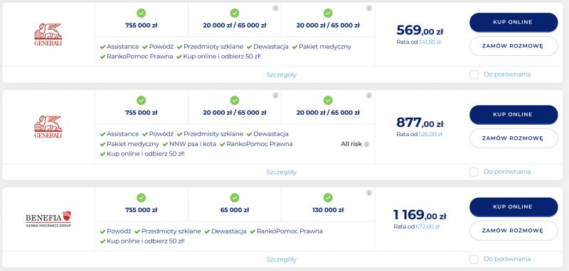 View of insurance offers from three companies with prices and terms listed.