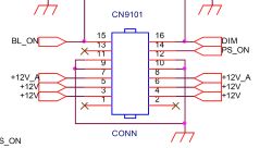 Schemat złącza CN9101 z pinami BL_ON, DIM, PS_ON oraz liniami +12V i masą