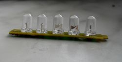 Pięć przezroczystych diod LED zamontowanych na zielonej płytce elektronicznej.