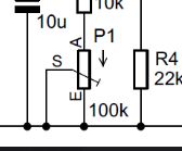 Symbol potencjometru z trzema wyprowadzeniami oznaczony jako P1 oraz 100k.