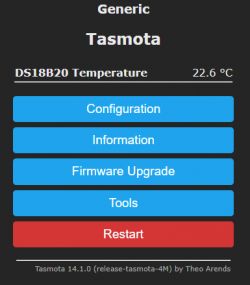 Tasmota user interface showing DS18B20 temperature reading of 22.6°C with option buttons.