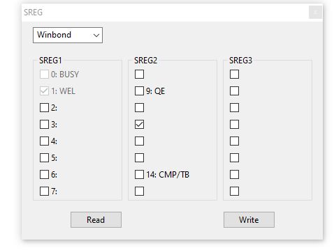 Program window showing SREG1, SREG2 and SREG3 register settings for Winbond chips