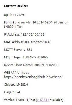 Screenshot of LN882H device information showing details such as firmware version, IP and MAC addresses.