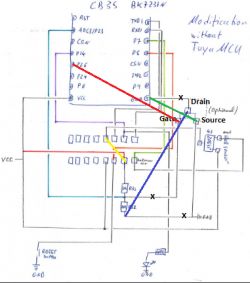 Electronic schematic with highlighted connections and breaks.