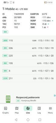 Zrzut ekranu z aplikacji pokazujący parametry sieci LTE 800 MHz T-Mobile