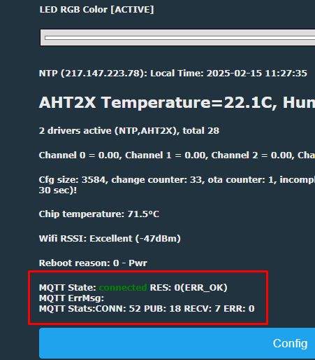 IoT Device Interface Screenshot Screenshot of an IoT device interface showing MQTT status and system parameters.