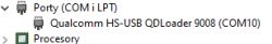 Zrzut ekranu z menedżera urządzeń systemu Windows pokazujący porty COM, w tym Qualcomm HS-USB QDLoader 9008 na COM10.