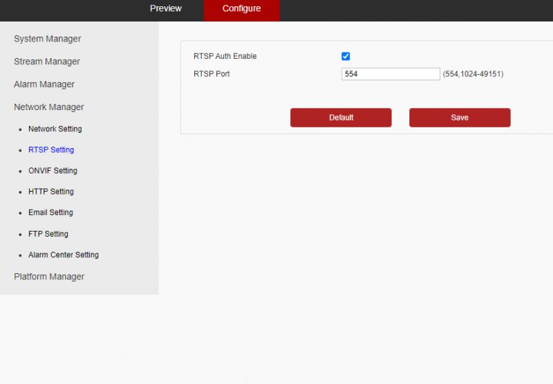 Zrzut ekranu z ustawień kamery IP w panelu konfiguracyjnym, z włączonym RTSP i ustawieniem portu 554.