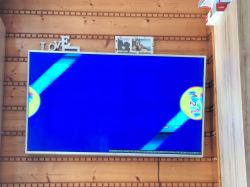 Telewizor wyświetlający zniekształcony obraz z nieregularnymi pasami koloru