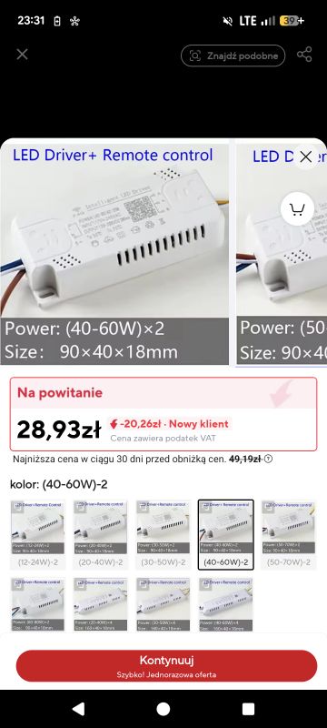 Sterownik LED o mocy (40–60W)×2 z pilotem, na ekranie sklepu internetowego