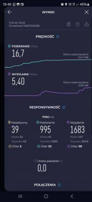 Wynik testu prędkości internetu na smartfonie, pokazujący pobieranie 16,7 Mb/s i wysyłanie 5,40 Mb/s.