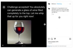 The image shows a half-filled wine glass and text about the challenge for AI to generate a fully filled wine glass.