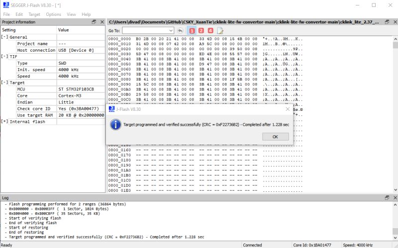 Successful Flash Programming in SEGGER J-Flash SEGGER J-Flash program window with a successful target programming and verification message displayed.
