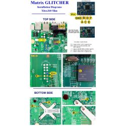 Schemat instalacji Matrix Glitcher dla płyty głównej Xbox 360 Slim z zaznaczonymi punktami lutowniczymi.