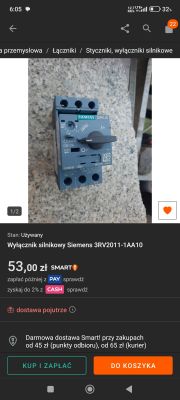 Używany wyłącznik silnikowy Siemens 3RV2011-1AA10 na sprzedaż.