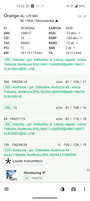 Zrzut ekranu z aplikacji NetMonster przedstawiający wyniki pomiarów sygnału LTE 800 sieci Orange z różnych lokalizacji w pobliżu Halickie i Kudrycze.