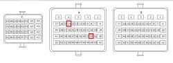 Diagram złączy ECU z wyróżnionymi pinami A14 (masa) i A32 (sygnał czujnika)