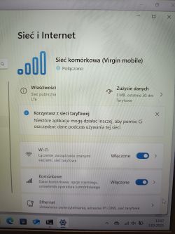 Ekran ustawień sieci komórkowej w systemie Windows z połączeniem Virgin Mobile.