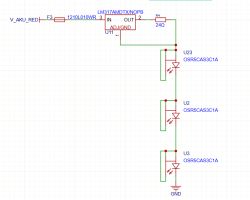 Fragment schematu: LM317AMDTX/NOPB z rezystorem 24 Ω i trzema diodami LED OSR5CA3SC1A do masy