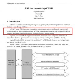 Excerpt from the CH341 datasheet with information about UART mode.