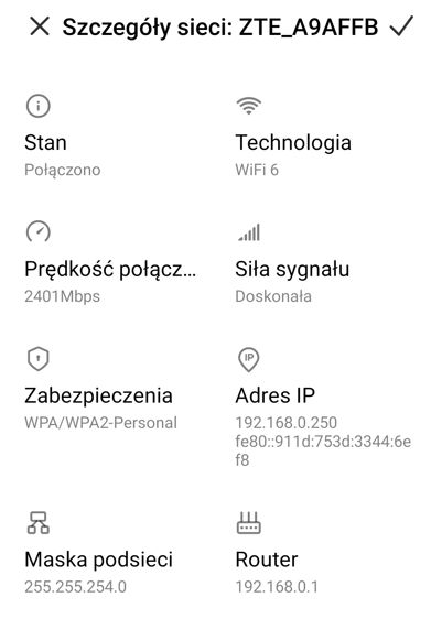 Ekran ustawień sieci Wi-Fi ZTE z prędkością 2401 Mbps i technologią WiFi 6