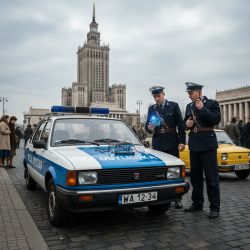 Two officers examine an Arduino board on a Polish police car's hood in front of the Palace of Culture