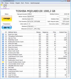 Zrzut ekranu z CrystalDiskInfo pokazujący stan dysku twardego Toshiba MQ01ABD100.