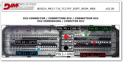 Photo of an ECU connector with labeled and color-marked key pins: GND, +12V, CAN H, CAN L, GPT0, GPT1.