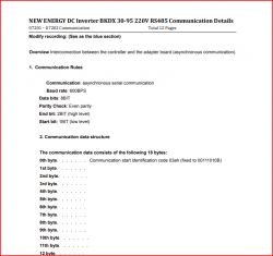 Screenshot dokumentu dotyczącego komunikacji RS485 dla NEW ENERGY DC Inverter BKDX 30-95 220V.