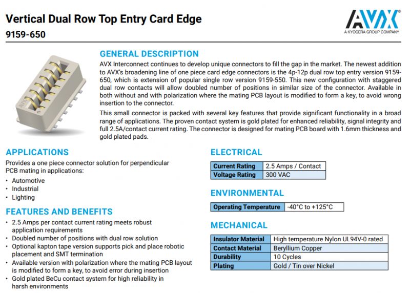 AVX 9159-650 Connector Specification AVX 9159-650 dual row top entry card edge connector.