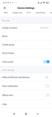 Device Settings screen in the eWeLink app showing configuration options like LAN control and notifications.