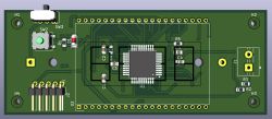 Render PCB stopera: mikrokontroler U1, przycisk SW2, złącza J1/J2 i otwory H1–H4